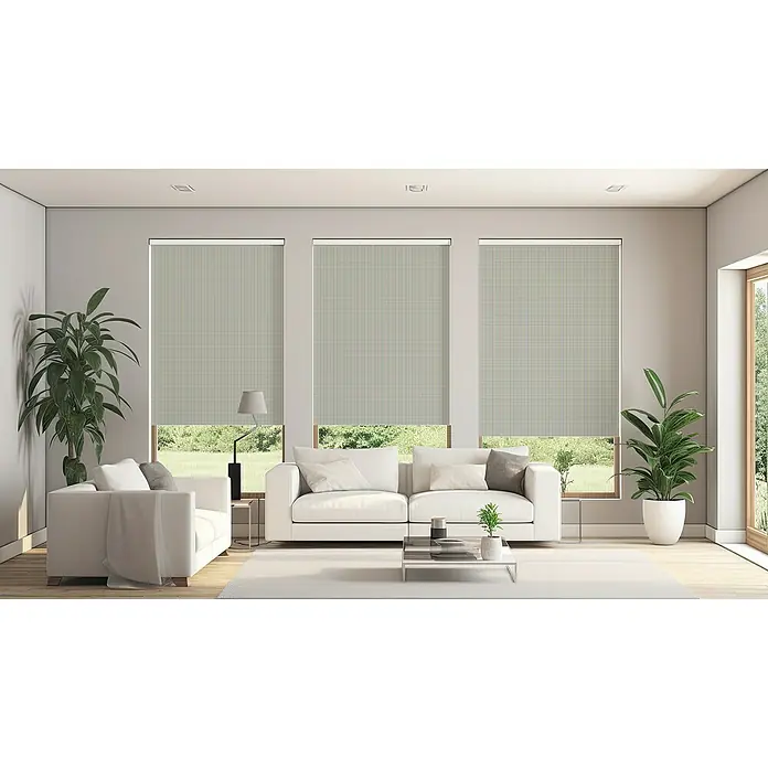 Estor enrollable Vichy - An x Al: 135 x 190 cm, Azul, Formas y patrones - Habitación luminosa con tres elegantes persianas enrollables. Las persianas ofrecen privacidad y control de la luz, complementando los muebles modernos.