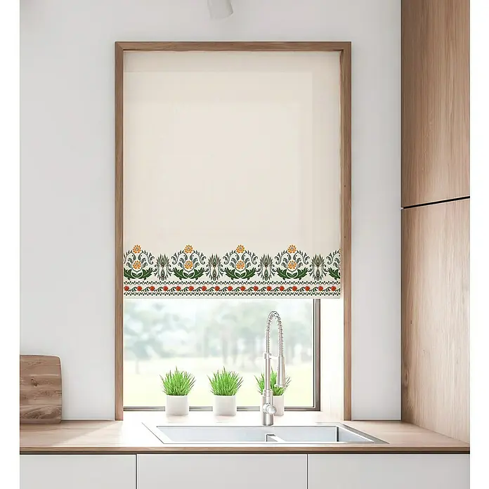 Estor enrollable Cenefa Flor Ikat - An x Al: 120 x 190 cm, Blanco, Formas y patrones - Estor enrollable decorativo con diseño floral para un ambiente acogedor. Perfecto como decoración de ventana en la cocina o el baño.