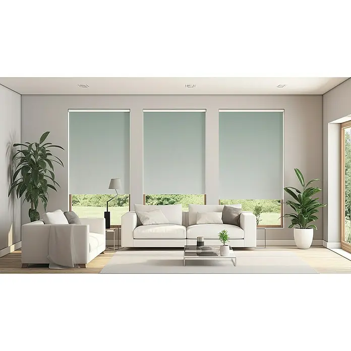 Estor enrollable Screen 5% Degradado - An x Al: 150 x 250 cm, Verde - Elegante sala de estar con modernos estores enrollables que filtran suavemente la luz del día, creando un ambiente agradable.