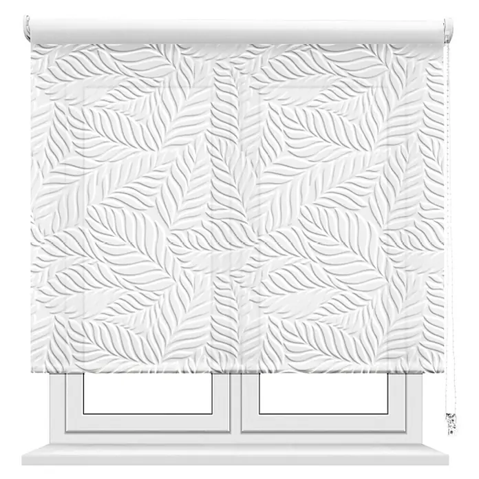 Estor enrollable Hoja Palma - An x Al: 105 x 190 cm, Blanco, Formas y patrones - Esta imagen muestra un estor enrollable blanco con un delicado patrón de hojas, que cubre elegantemente la ventana y ofrece privacidad.