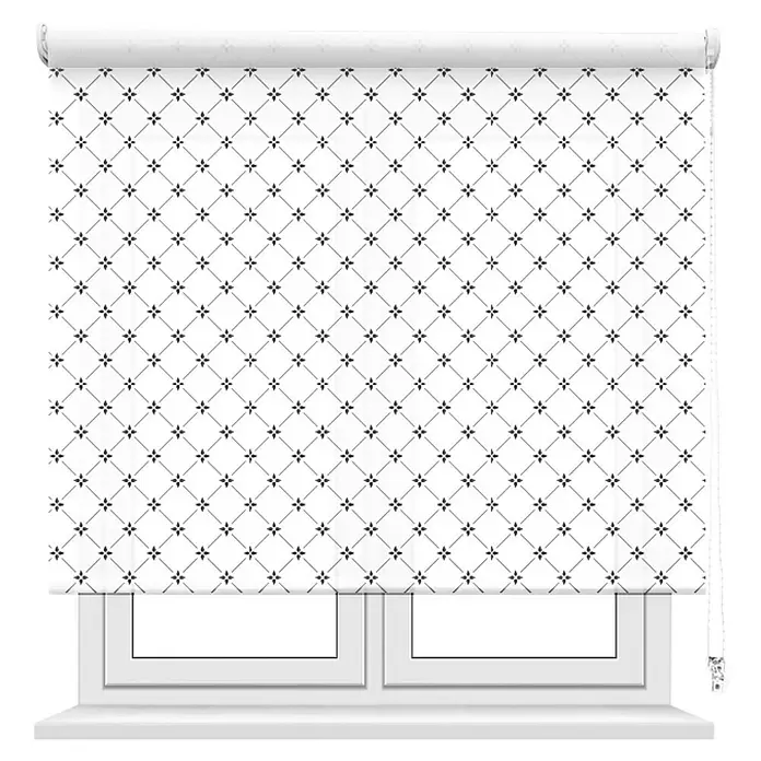 Estor enrollable Celosía - An x Al: 90 x 190 cm, Blanco, Formas y patrones - Estor enrollable blanco con patrón geométrico negro de pequeñas estrellas, parcialmente desenrollado sobre una ventana.