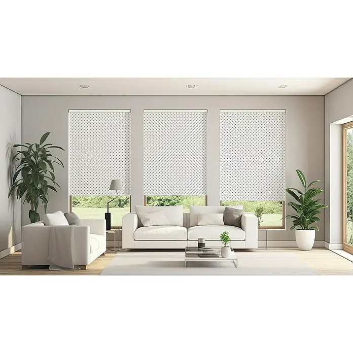 Estor enrollable Celosía - An x Al: 90 x 190 cm, Blanco, Formas y patrones - Una sala de estar con estores enrollables blancos en las ventanas, filtrando la luz natural y brindando privacidad.