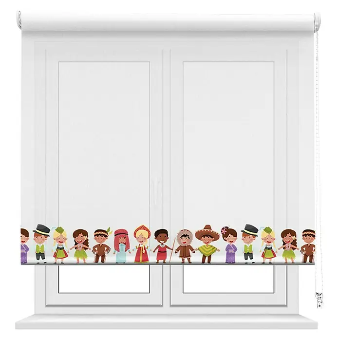 Estor enrollable Niños Naciones - An x Al: 105 x 190 cm, Blanco, Formas y patrones - Estores enrollables para habitación infantil con una ilustración de niños en ropa tradicional adornando un alféizar.