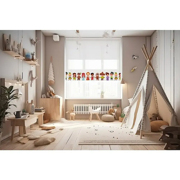 Estor enrollable Niños Naciones - An x Al: 105 x 190 cm, Blanco, Formas y patrones - Habitación infantil con un estor que presenta una colorida fila de niños vestidos con trajes tradicionales. El estor proporciona privacidad y añade un toque lúdico a la habitación.