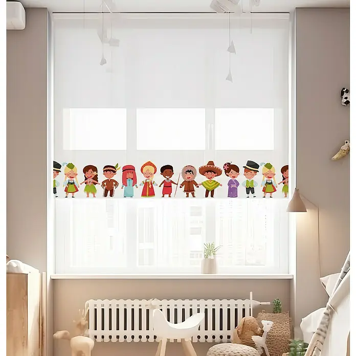 Estor enrollable Niños Naciones - An x Al: 105 x 190 cm, Blanco, Formas y patrones - Una persiana con una ilustración colorida de niños de todo el mundo, creando un ambiente alegre y educativo en la habitación.