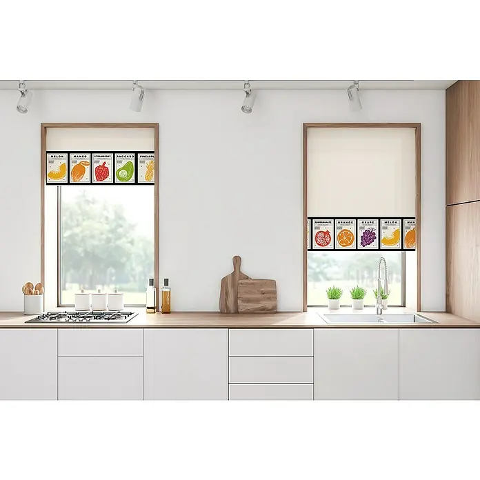 Estor enrollable Frutas - An x Al: 135 x 190 cm, Gris, Formas y patrones - Cocina luminosa con estores elegantes adornados con motivos frutales, que aportan un acento fresco al espacio.