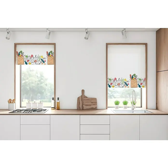 Estor enrollable Compra Mercado - An x Al: 150 x 190 cm, Blanco, Formas y patrones - La ventana de cocina moderna con persianas enrollables presenta un diseño de alimentos lúdico, que añade un ambiente fresco y acogedor.