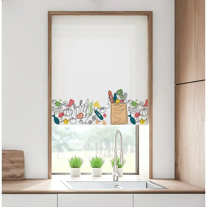 Estor enrollable Compra Mercado - An x Al: 150 x 190 cm, Blanco, Formas y patrones - Un estor enrollable para ventana de cocina con motivos de comida coloridos para un ambiente fresco.
