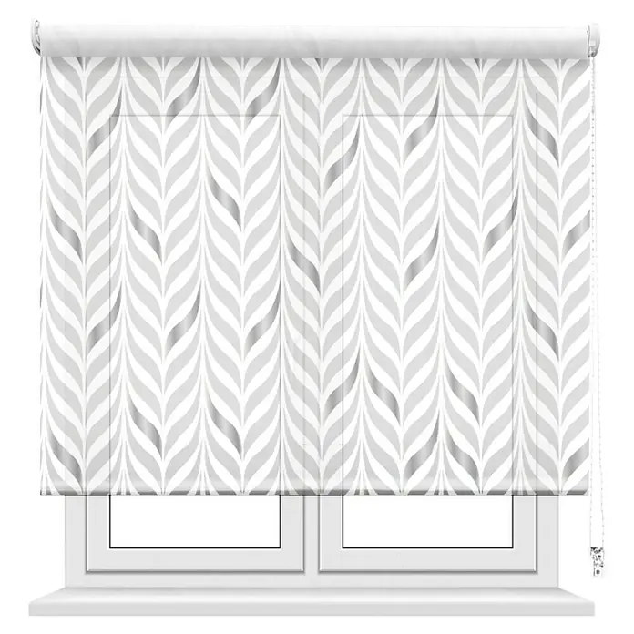Estor enrollable Espiga - An x Al: 90 x 190 cm, Gris, Formas y patrones - Una elegante persiana enrollable gris y blanca con un elegante patrón de hojas verticales frente a un marco de ventana blanco, mejorando el ambiente de la habitación.