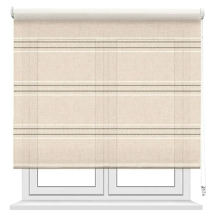 Estor enrollable Raya Discontinua - An x Al: 90 x 190 cm, Natural, Formas y patrones - Persianas beige con rayas decorativas colgadas frente a una ventana, ofreciendo privacidad y protección solar elegante.