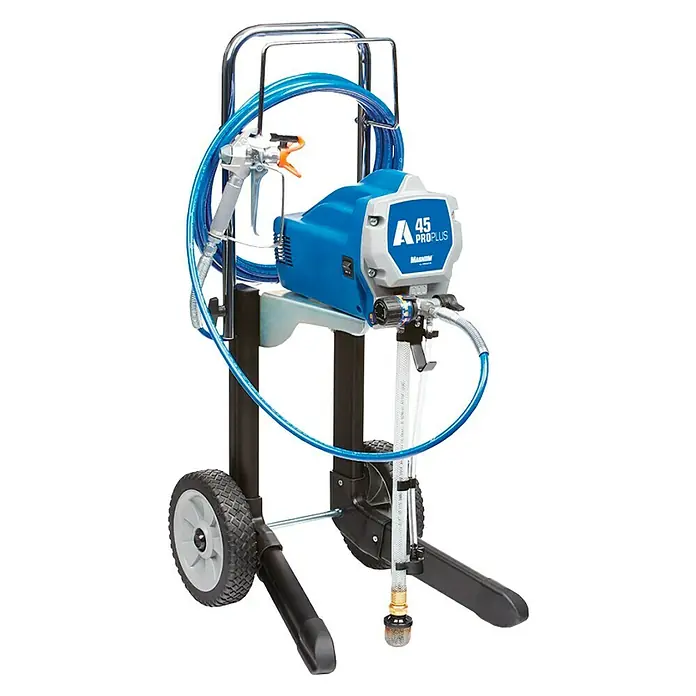 Graco Magnum Sistema de pulverización de pintura A45 Proplus - Caudal: 1,17 l/min, Velocidad de trabajo: 10 m²/min - La imagen muestra un pulverizador de pintura Magnum A45 Pro Plus en un carro, ideal para tareas de pintura profesionales.