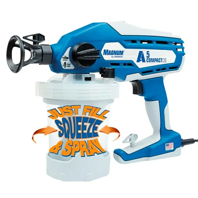 Graco Magnum Sistema de pulverización de pintura Compact A5DS - Velocidad de trabajo: 6 m²/min - Una imagen detallada de un pulverizador de pintura Graco Magnum A5 Compactos, conocido por su facilidad de uso y aplicación eficiente de la pintura.