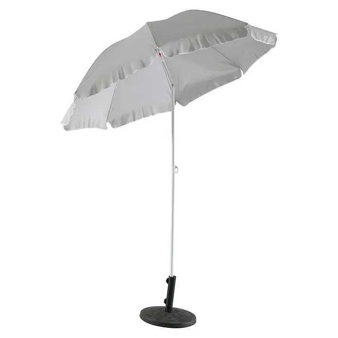 Sunfun Balkonschirm rund Provence II - Lichtgrau, Durchmesser Bespannung: 200 cm - Aufnahme eines grauen Sonnenschirms mit einem weißen Mast und einem runden, schwarzen Sockel.