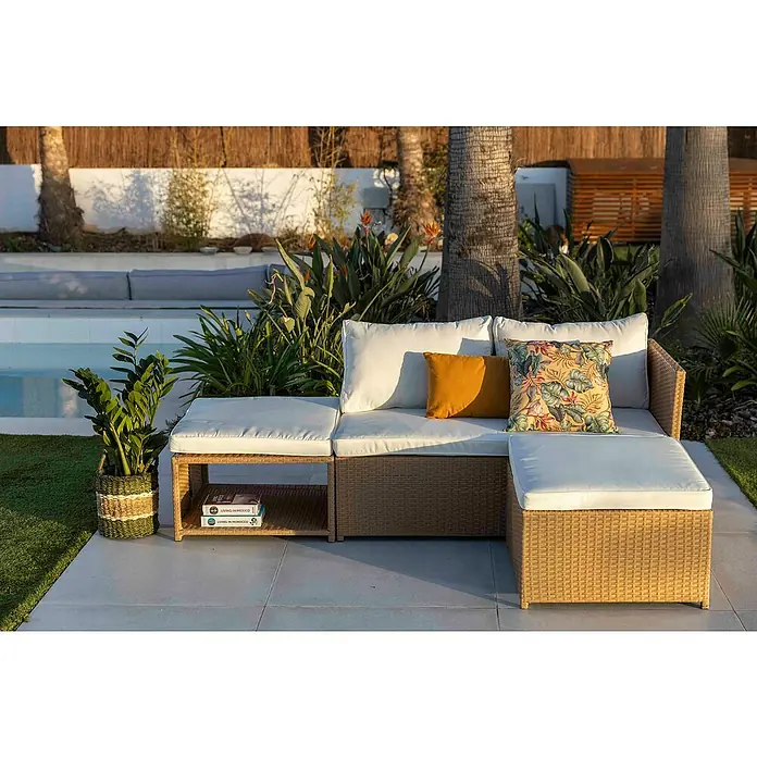 Sunfun Conjunto de muebles Samara - 3 pzs., Ratán sintético/Aluminio, Marrón - Acogedor sofá de exterior con cojines claros y cojines decorativos de colores, perfecto para horas de relax en el jardín o en la terraza.