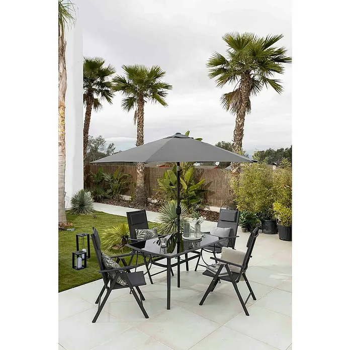 Set de muebles de jardín Donavan - 6 pzs., Antracita, Incluye Parasol - Un elegante conjunto de jardín con una mesa negra, cuatro sillas y una sombrilla, perfecto para relajarse al aire libre.