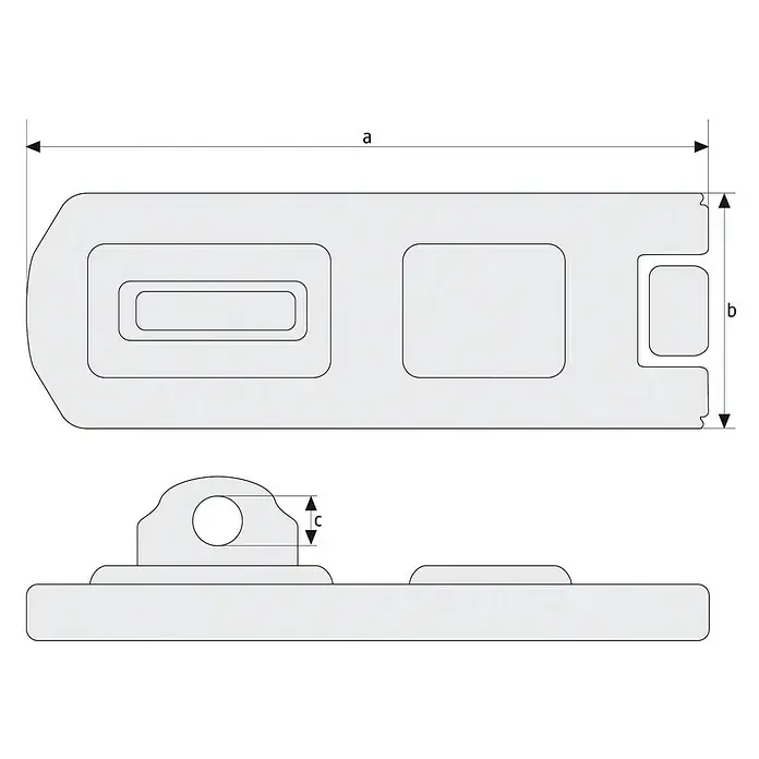 Abus Schieberiegel 300/100 - Garagentor, Silber - Produktansicht mit Bemaßungen a, b und c. Ein detaillierter Blick auf die technischen Details des Produkts.