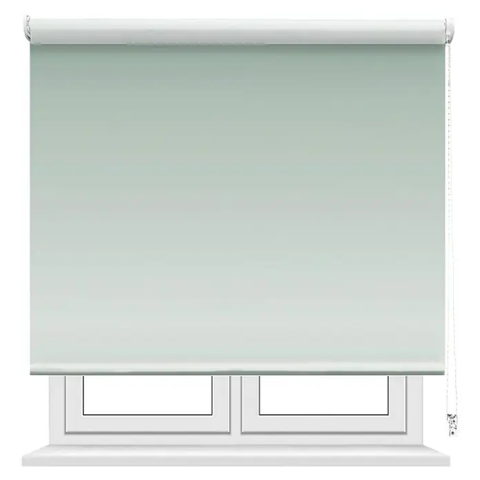 Estor enrollable Screen 5% Degradado - An x Al: 150 x 250 cm, Verde - Un estor enrollable gris claro está montado frente a una ventana, proporcionando privacidad y control de luz a la habitación.