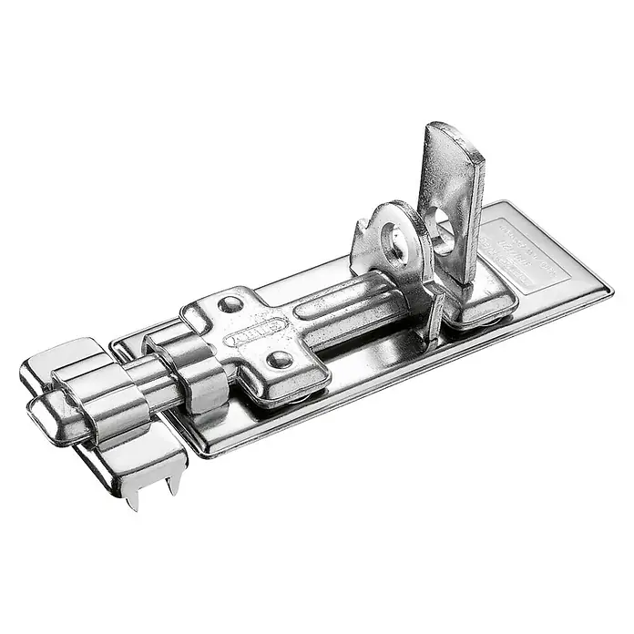 Abus Schieberiegel 300/100 - Garagentor, Silber - Ein glänzender, silberner ABUS-Schieberiegel ist diagonal auf einem weißen Hintergrund abgebildet, der das Verriegelungssystem hervorhebt.