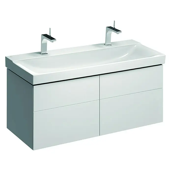 Geberit Xeno² Doppelwaschtisch - 120 x 48 cm, Mit schmutzabweisender Glasur, Hahnloch: Mitte, Ohne Überlauf, Weiß - Elegantes Doppelwaschbecken mit Unterschrank in Weiß. Das moderne Design ist ideal für jedes Badezimmer.