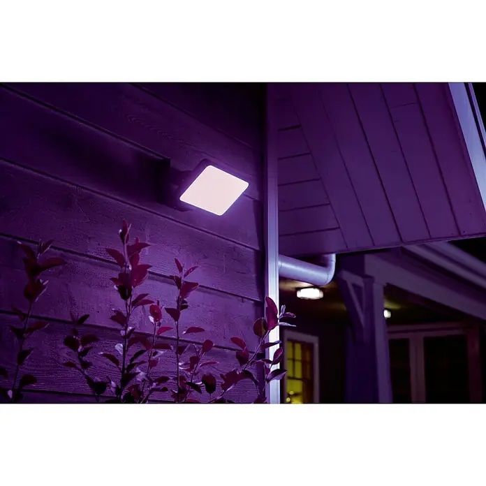 Philips Hue LED-Strahler White & Color Ambiance - 15 W, L x B x H: 22 x 16 x 15,3 cm, Schwarz, RGBW - Nahaufnahme einer quadratischen LED-Leuchte an einer Holzwand, die ein violettes Licht abstrahlt und die Umgebung beleuchtet.