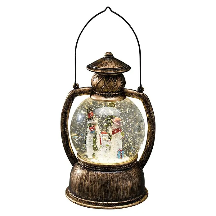 Konstsmide LED-Schneelaterne Schneemannfamilie - Innen, Braun, 12,7 x 10,8 x 20 cm, Schneemann, Batteriebetrieben - Weihnachtliche Schneekugellaterne mit Schneemannfamilie und Glitzer für festliche Stimmung.