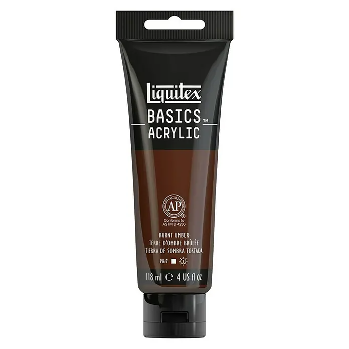 Liquitex Basics Acrylfarbe - Umbra gebrannt, 118 ml - Ein Tube Liquitex BASICS Acrylfarbe in der Farbe Gebrannte Umbra, ideal für Kunstprojekte und kreative Anwendungen.