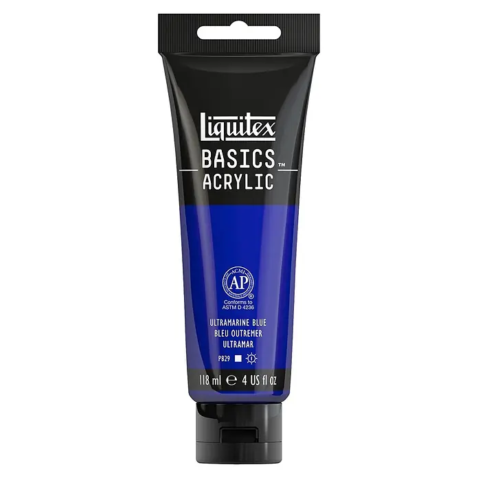 Liquitex Basics Acrylfarbe - Ultramarinblau, 118 ml - Eine Tube Liquitex Basics Acrylfarbe in Ultramarinblau, ideal für Künstler und Hobbybastler, mit 118 ml Inhalt.