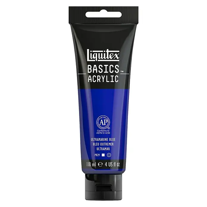 Liquitex Basics Acrylfarbe - Ultramarinblau, 118 ml - Eine Tube Liquitex Basics Acrylfarbe in Ultramarinblau, ideal für Künstler und Hobbybastler, mit 118 ml Inhalt.