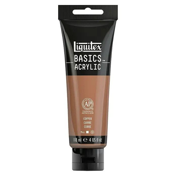 Liquitex Basics Acrylfarbe - Kupfer, 118 ml - Liquitex BASICS Kupfer Acrylfarbe in einer 118 ml Tube mit schwarzem Verschluss und dem Hinweis "Mica".