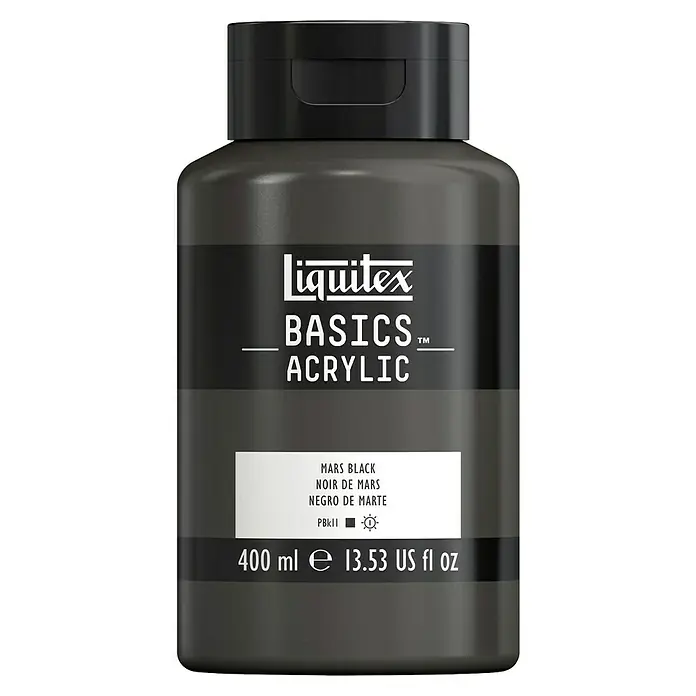 Liquitex Basics Acrylfarbe - Marsschwarz, 400 ml - Eine Flasche Liquitex Basics Acrylfarbe in Mars Black mit 400 ml Inhalt, ideal für Künstler und Hobbyanwender.
