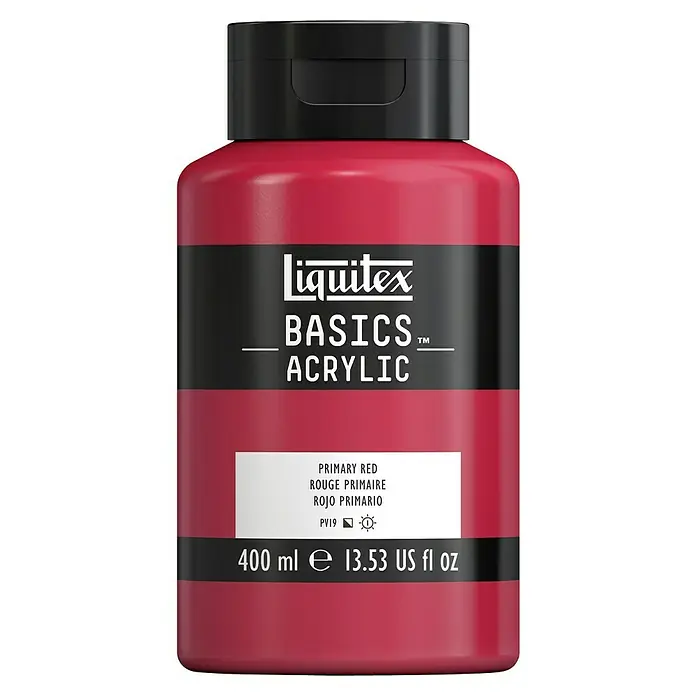 Liquitex Basics Acrylfarbe - Primärrot, 400 ml - Eine Flasche Liquitex Basics Acrylfarbe in der Farbe Primary Red mit 400 ml Inhalt für künstlerische Anwendungen.