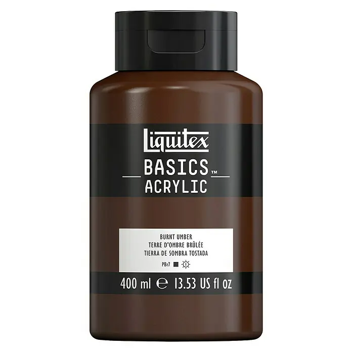 Liquitex Basics Acrylfarbe - Umbra gebrannt, 400 ml - Eine Flasche Liquitex Basics Acrylfarbe in "Burnt Umber" mit 400 ml Inhalt, ideal für Künstler und Hobbybastler.