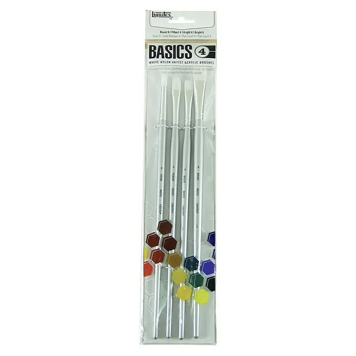 Liquitex Basics Künstlerpinsel-Set Long 4 - 4 -tlg. - Ein Set Liquitex Basics Acrylmalpinsel mit weißen Nylonborsten, ideal für Künstler und verschiedene Maltechniken.