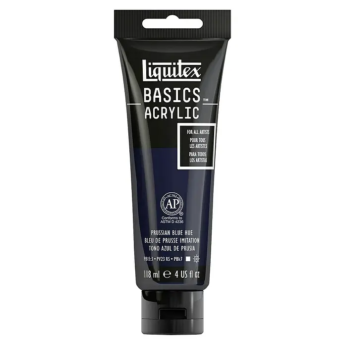 Liquitex Basics Acrylfarbe - Preußischblau, 118 ml - Eine Tube Liquitex Basics Acrylfarbe in der Farbe Preußischblau. Ideal für Künstler, mit hoher Pigmentierung und guter Deckkraft für kreative Projekte.