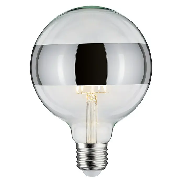 Paulmann LED-Lampe Vintage Globe-Form E27 - E27, Dimmbar, Warmweiß, 600 lm, 6,5 W, Silber, Klar - Nahaufnahme einer dekorativen Edison-Glühbirne mit Chrombeschichtung, die warmes Licht und ein einzigartiges Design ausstrahlt.