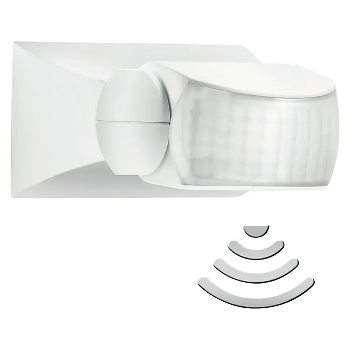 Steinel Sensor de movimiento IS 1 - Alcance sensor: 10 m, Blanco, Ángulo de detección sensor: 120 °, L x An x Al: 120 x 80 x 50 mm - Primer plano de un detector de movimiento blanco con señal de envío sobre fondo negro.