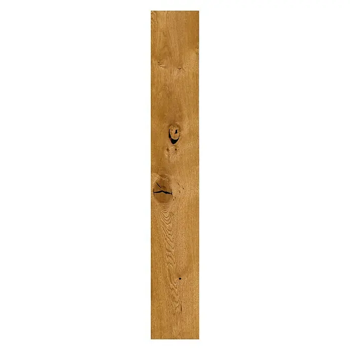 Parkettmuster Eiche Fabia - 300 x 190 x 14 mm, Landhausdiele - Abbildung eines Holzbretts mit Maserung und Astlöchern. Das Brett hat eine natürliche, warme Holzfarbe und eine sichtbare Struktur.
