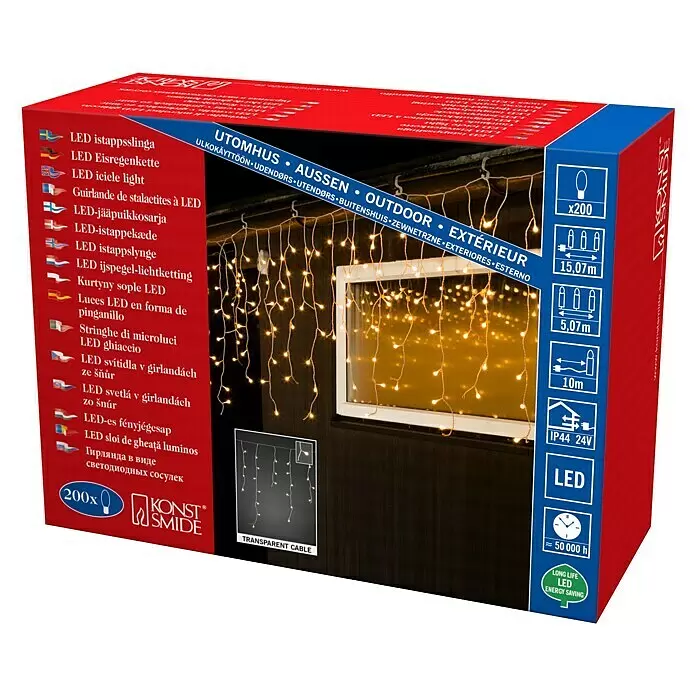 Konstsmide LED-Lichtervorhang Eisregen - Außen, 15,07 m, Warmweiß, 200 Stk., Netzbetrieben - 200 LED Eisregenlichter mit transparentem Kabel zur Außendekoration, energiesparend mit warmweißem Glanz.