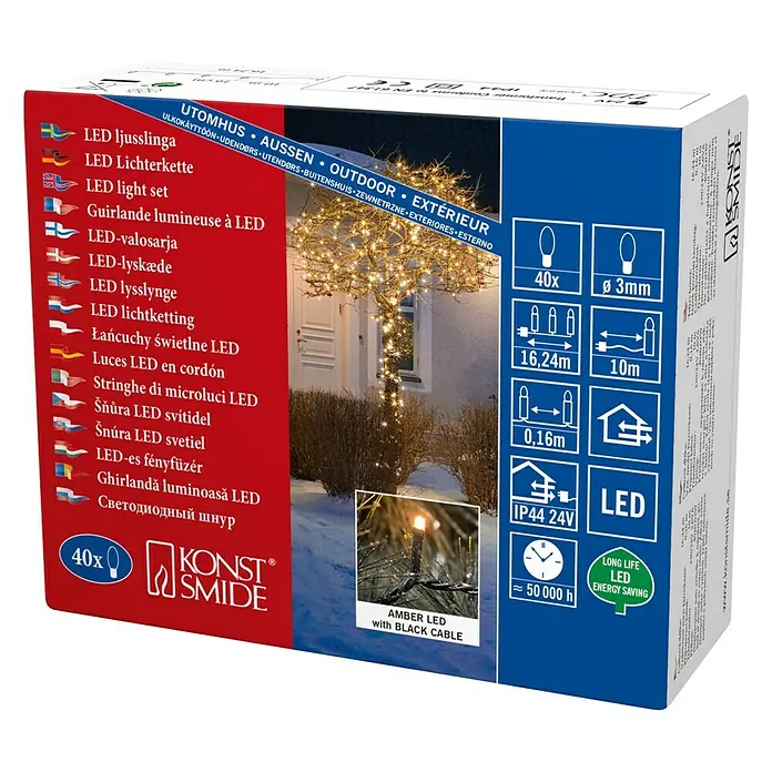 Konstsmide LED-Lichterkette - Innen, Lichtfarbe: Warmweiß, Anzahl Leuchtmittel: 40 Stk., Netzbetrieben - Konstmide LED-Lichterkette für den Außenbereich mit bernsteinfarbenen LEDs und schwarzem Kabel.