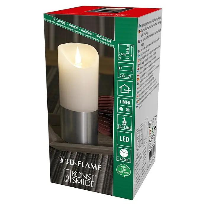 Konstsmide LED-Weihnachtskerzen - Silber, Weiß, Lichtfarbe: Warmweiß - Produktverpackung einer LED-Kerze von Konstsmide mit 3D-Flamme, Timer und langer Lebensdauer.