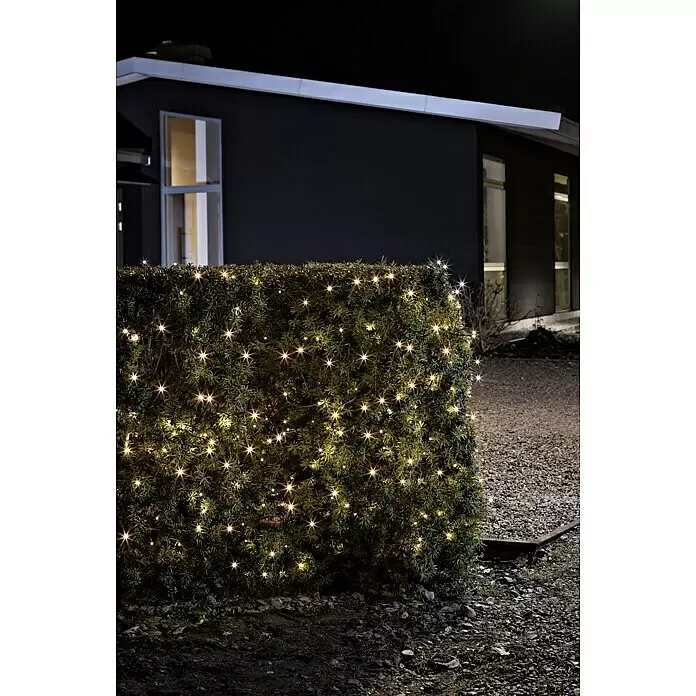 Konstsmide LED-Lichterkette - Schwarz, Außen, Lichtfarbe: Bernstein, Anzahl Leuchtmittel: 80 Stk., Batteriebetrieben - Warmweiße LED-Lichter beleuchten eine grüne Hecke bei Nacht und schaffen ein festliches Ambiente im Freien.