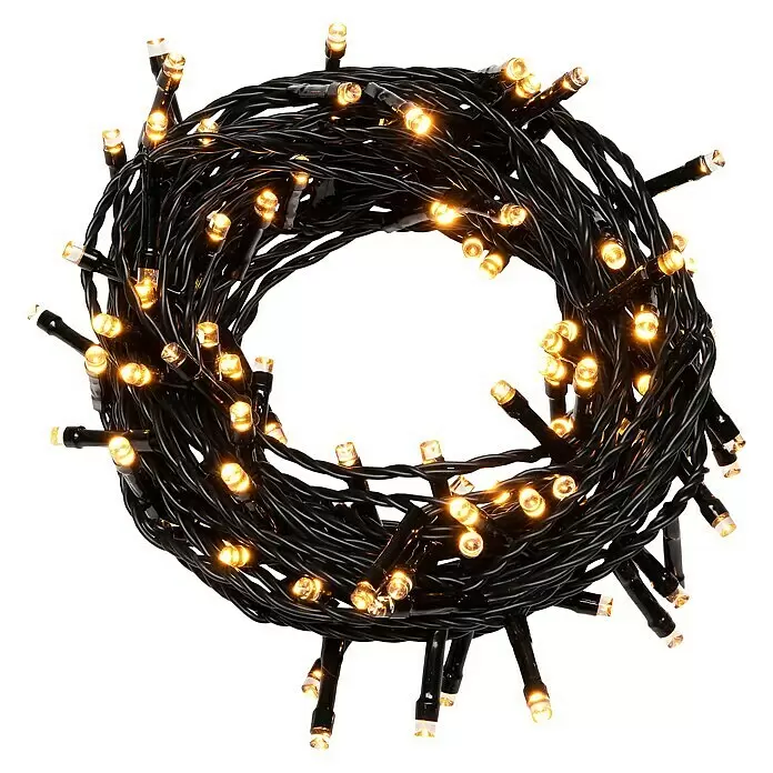 Konstsmide LED-Lichterkette - Außen, Lichtfarbe: Bernstein, Anzahl Leuchtmittel: 120 Stk., Batteriebetrieben - Aufgerollte schwarze Kabel-LED-Lichterkette mit warmweißem Glühen.