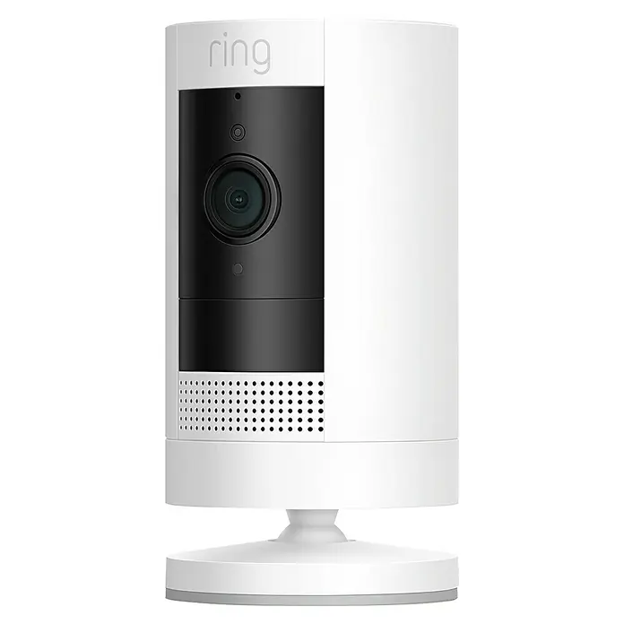 Ring Überwachungskamera außen Stick Up Cam Battery - Akkubetrieben, 1.080 Pixel (Full HD), Weiß - Nahaufnahme einer Ring Stick Up Cam, einer kabellosen Sicherheitskamera in Weiß, die sowohl für den Innen- als auch für den Außenbereich geeignet ist.