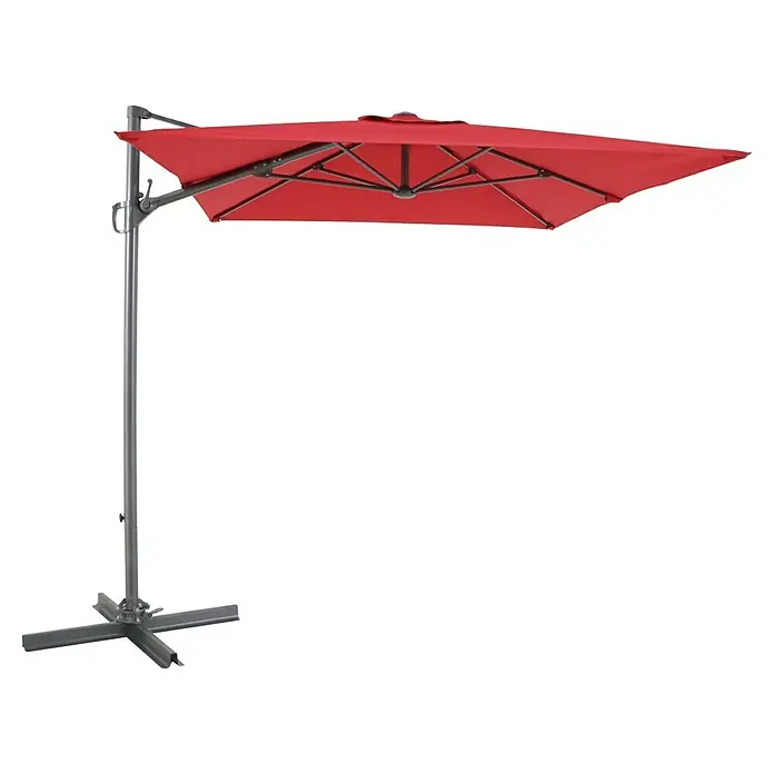 Sunfun Ampelschirm Florenz - Chili, Bespannungsmaß (L x B): 200 x 250 cm - Bild einer freistehenden, roten Gartenschirm mit einem robusten, grauen Metallrahmen. Ideal für den Sonnenschutz im Außenbereich.