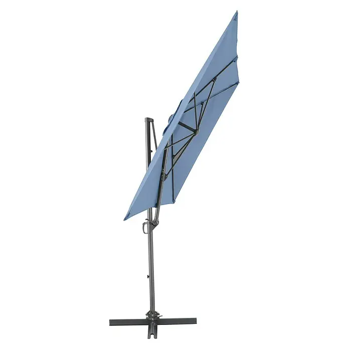 Sunfun Ampelschirm Florenz - Blau, Bespannungsmaß (L x B): 200 x 250 cm - Ein blauer, freistehender Sonnenschirm mit einem stabilen Metallständer sorgt für Schatten und Komfort im Freien.