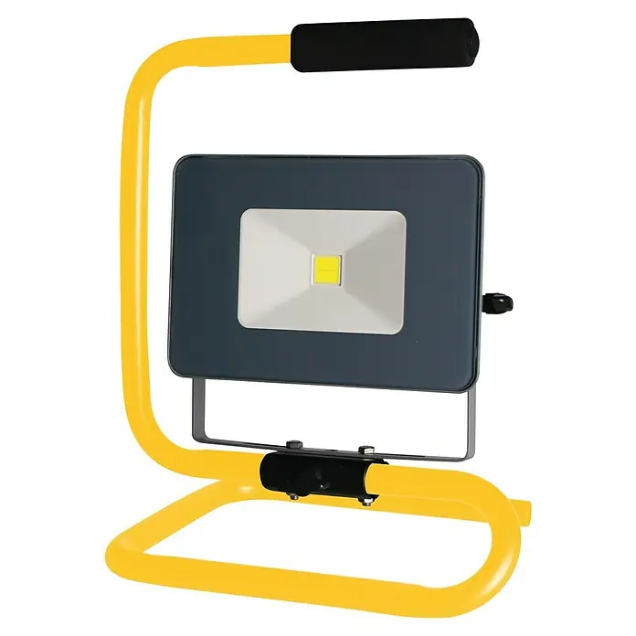 Profi Depot LED-Strahler - 20 W, 1.600 lm, 4.000 K, L x B x H: 18 x 12,6 x 3,6 cm, IP65 - Bild einer gelben LED-Arbeitsleuchte mit schwarzem Griff. Die Leuchte ist ideal für Baustellen oder den Heimgebrauch.