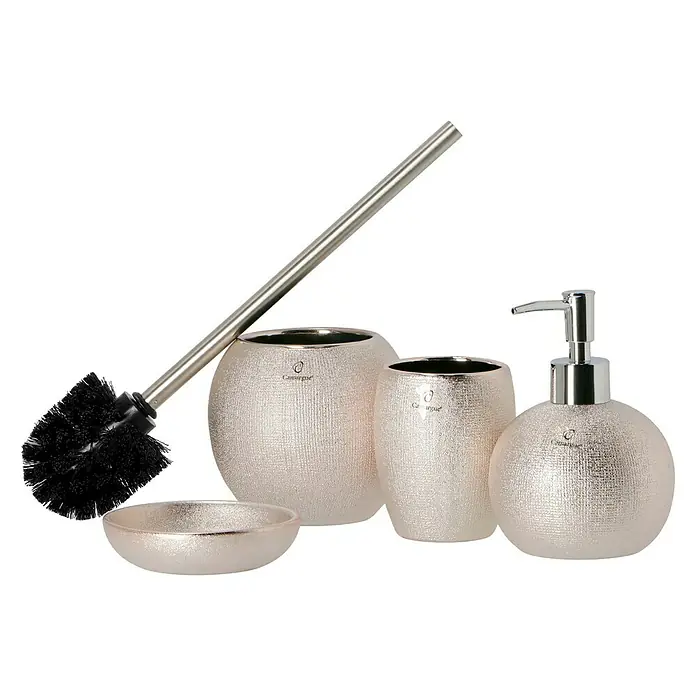 Camargue Kaya WC-Bürstengarnitur - Steingut, Rose/Gold - Elegantes Badezimmer-Set in Roségold. Das Set umfasst Seifenspender, Becher, Schale und eine WC-Bürste mit Halter.