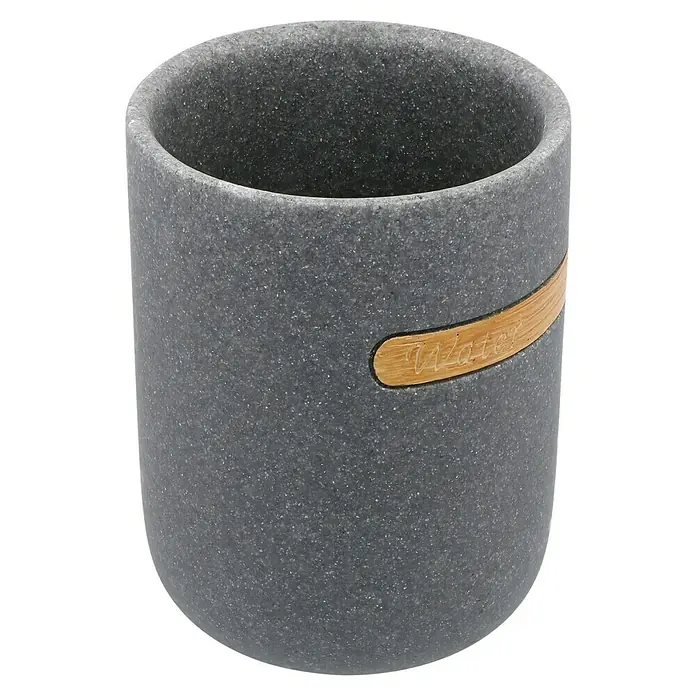 Venus Empire Zahnputzbecher - Polyresin, Grau - Eleganter grauer Becher mit Holzdetails und dem Wort "Water". Perfekt für stilvolle Badezimmeraufbewahrung und dekorative Akzente.