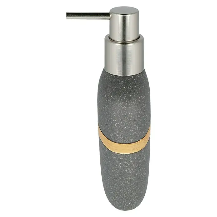 Venus Empire Seifenspender - Polyresin, Grau - Seifenspender mit grauem, gesprenkeltem Korpus, goldfarbenem Ring und silberfarbenem Spenderkopf für Badezimmer und Küche.