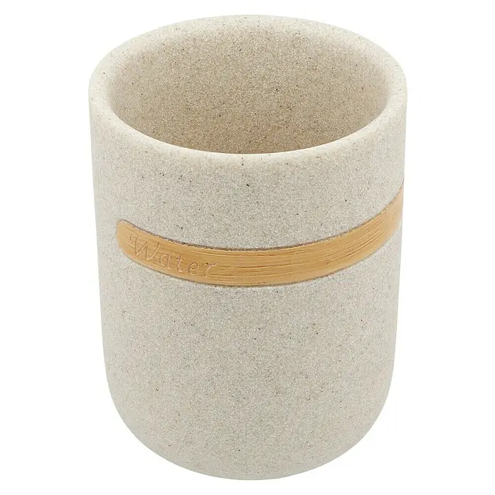 Venus Empire Zahnputzbecher - Polyresin, Sand - Ein cremefarbener Wasserbecher mit einer dekorativen Banderole und dem Wort "Water", perfekt für das Badezimmer.